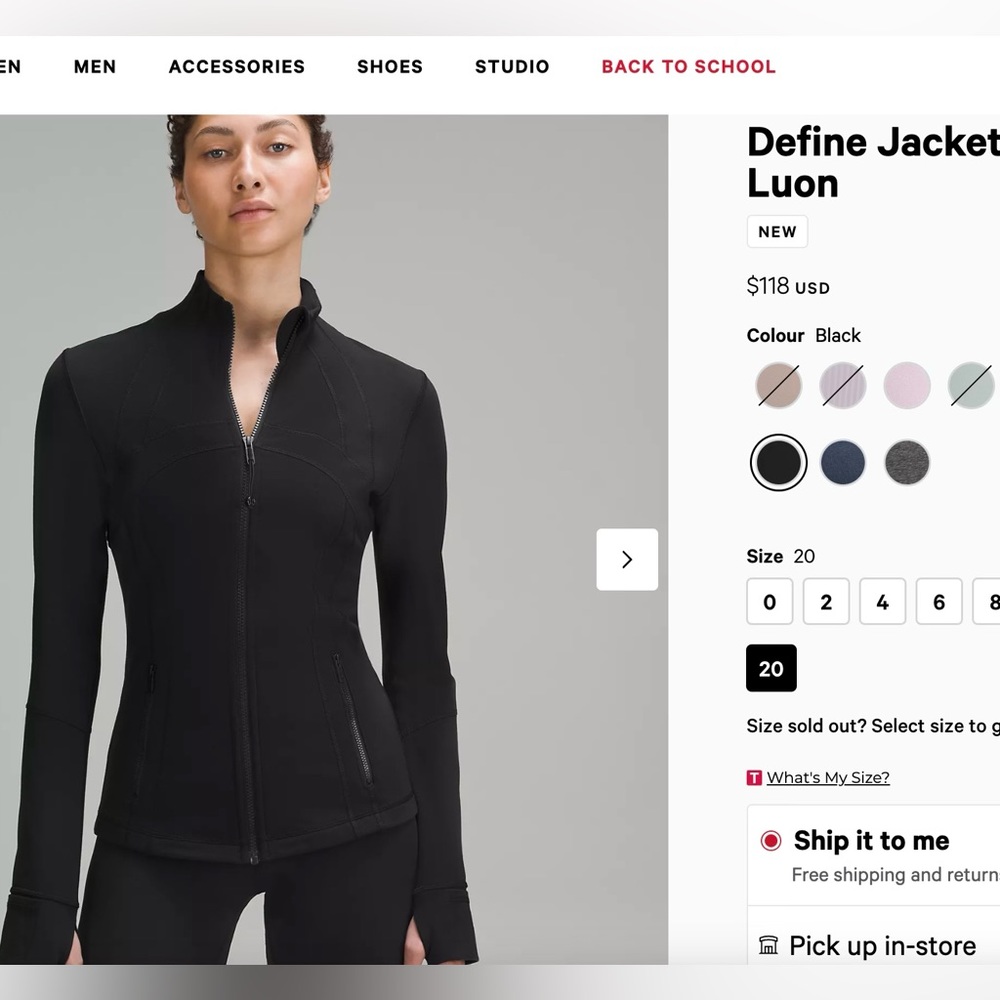 Lululemon Define Jacket (Luon) Black Size 6